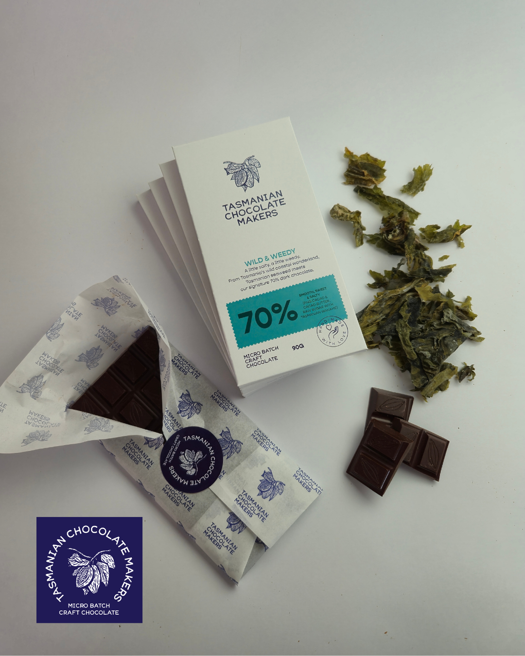 Rich, smooth 70% chocolate with Tasmanian Wakame - Wild and Weedy 70% chocolate
